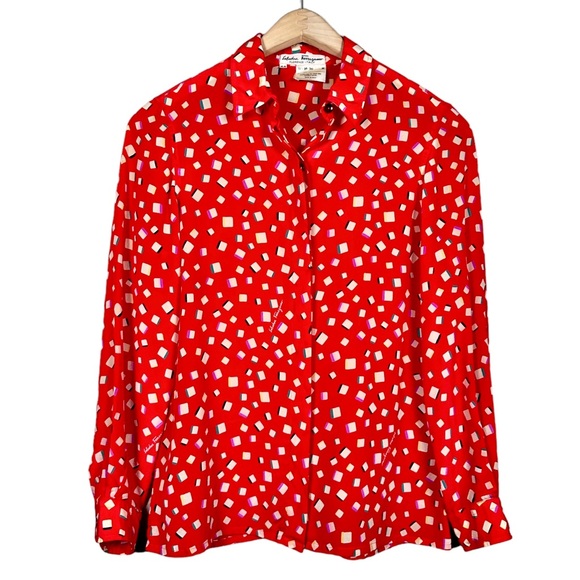 FERRAGAMO Vintage Silk Logo Printed Long Sleeve Button Down Top - Picture 13 of 13